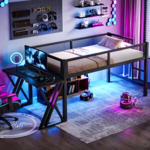 Twin XL Size Gaming Loft Bed With Desk Of X-shaped Leg ,LED Lights, USB Ports, Staircase & Mesh Guardrail - Black Metal Frame, Space-Saving Elevated Bed For Dorms, Bedrooms, & Gaming Setups