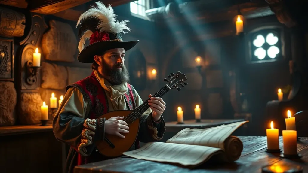 Dandelion bard character in medieval tavern with mysterious scroll
