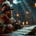 Dandelion bard character in medieval tavern with mysterious scroll