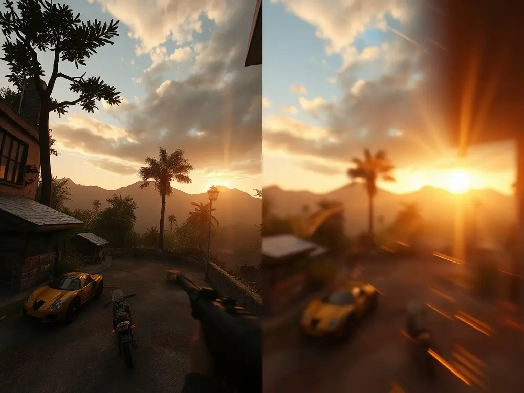 Before and after photo mode edit showing composition and lighting improvements