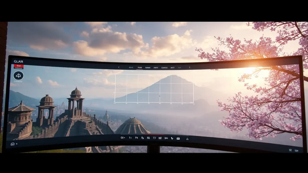 Photo mode UI overlay on a blended game vista showing composition tools
