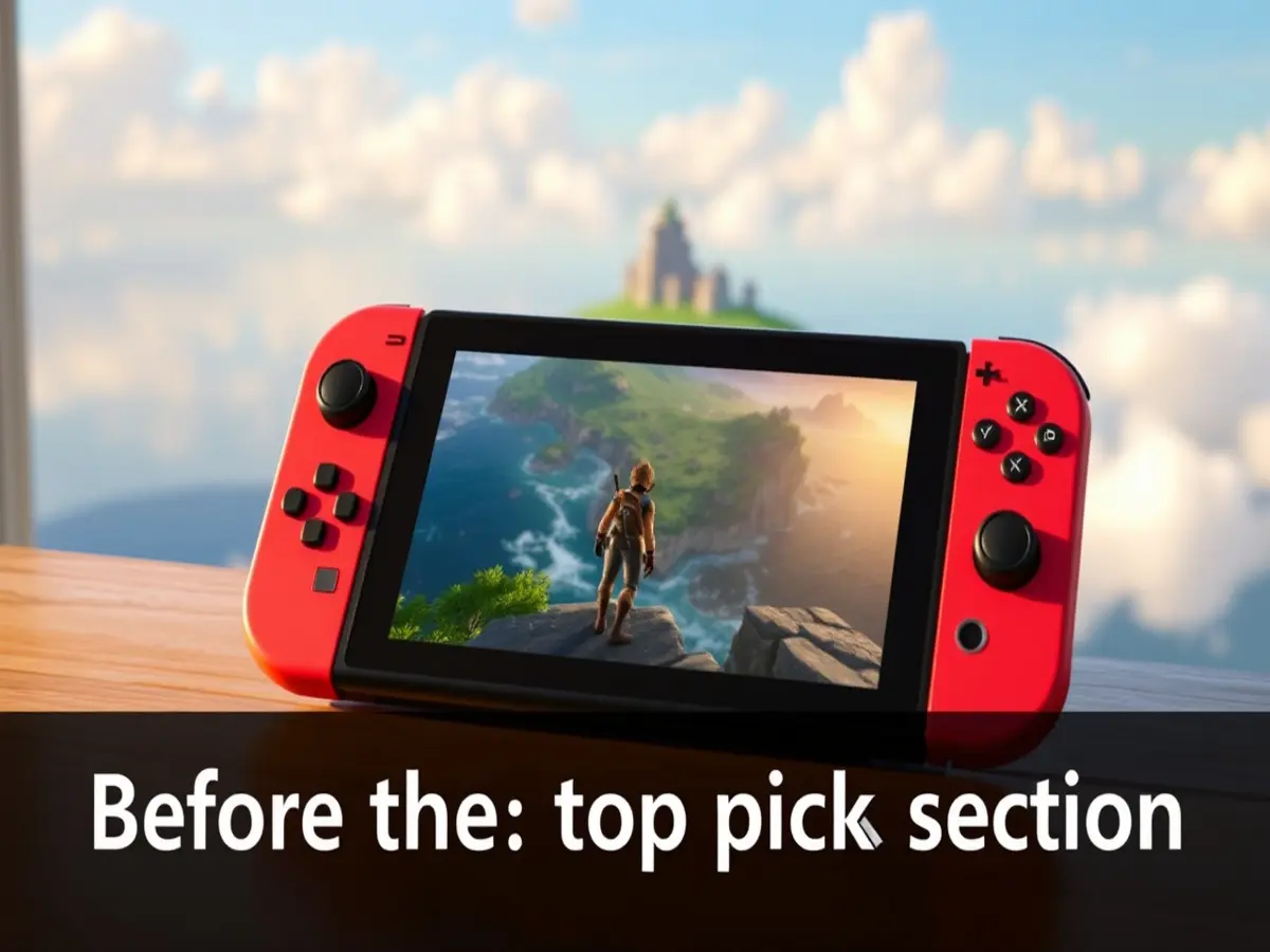 Switch handheld showing protagonist overlooking a sprawling island open world