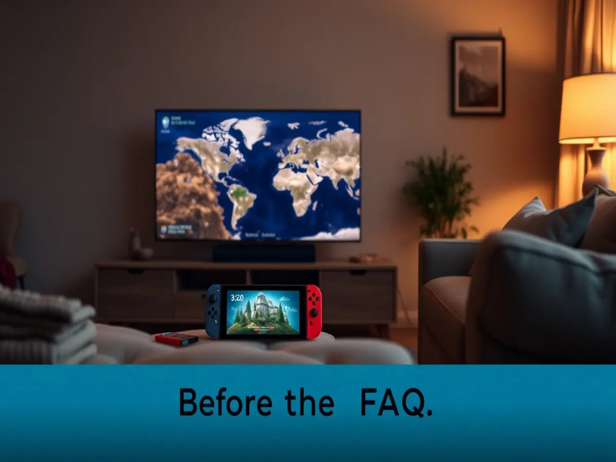 Docked Nintendo Switch showing an open-world map on TV in a living room