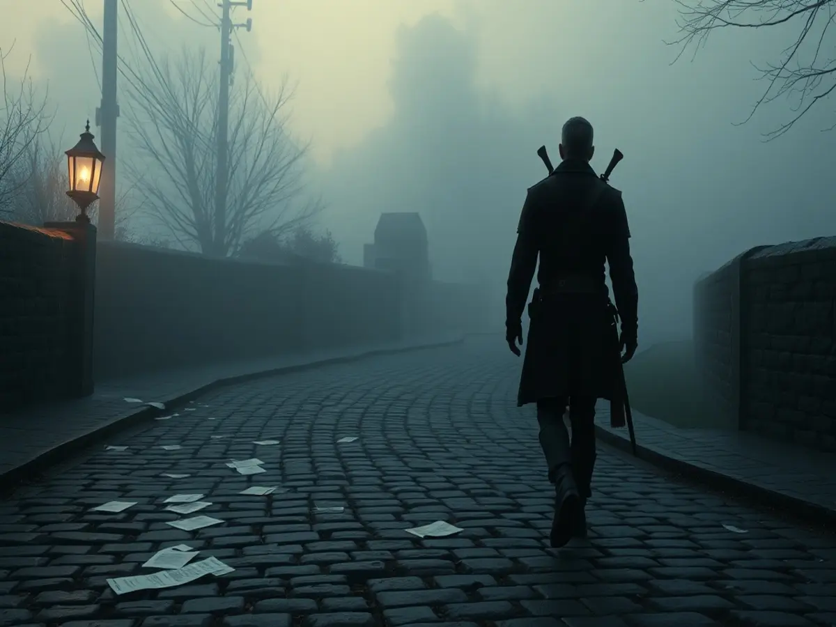 Geralt and a bard walking a foggy road at dusk
