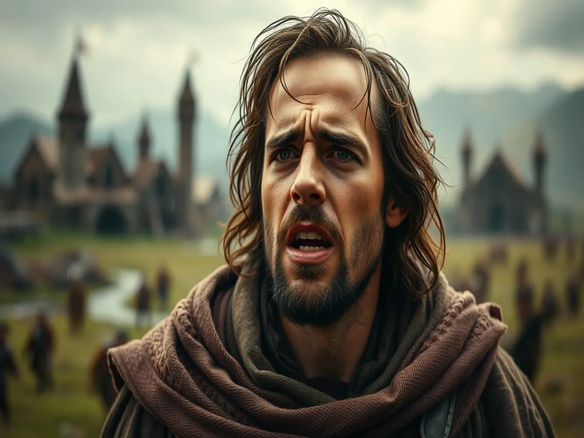 Close-up of Dandelion singing, worried expression, ruined town behind