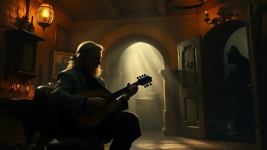 Dandelion performing in a dim tavern while Geralt watches