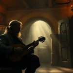 Dandelion performing in a dim tavern while Geralt watches