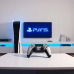 PS5 console in a modern entertainment setup with blue PlayStation-themed lighting