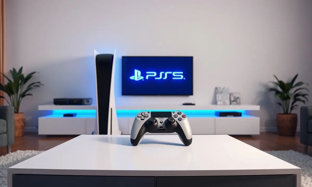 PS5 console in a modern entertainment setup with blue PlayStation-themed lighting