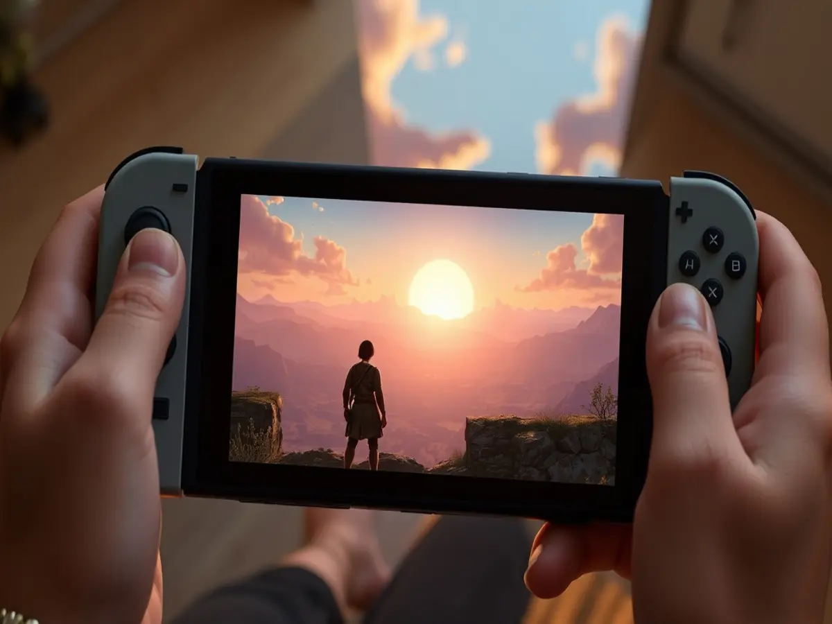 Switch handheld showing open-world sunset vista