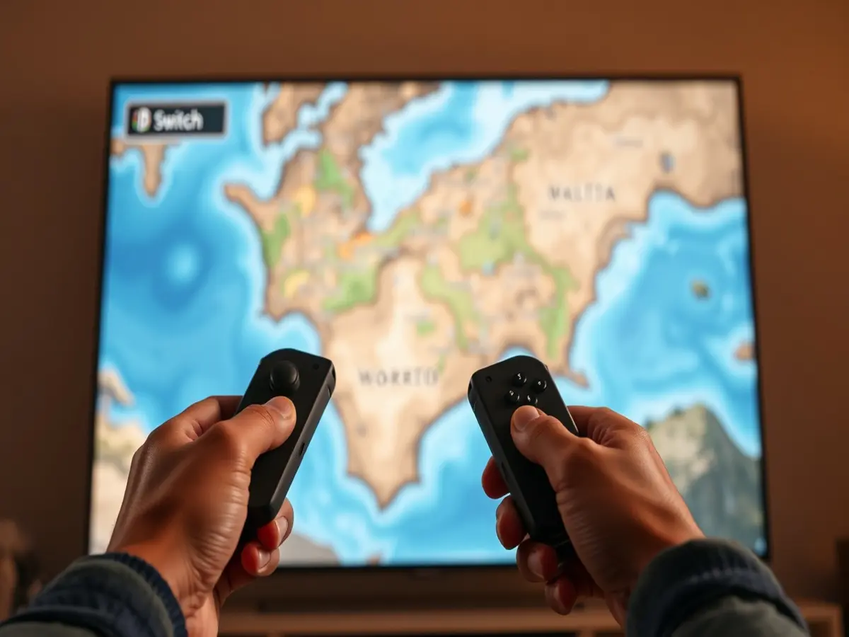 Player using Joy-Con with open-world map on TV