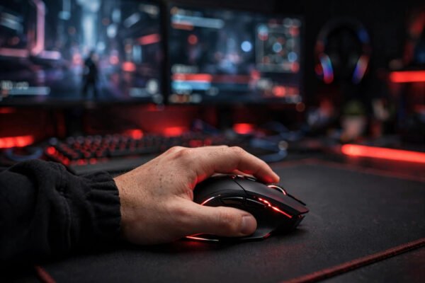 Ergonomic RGB gaming mouse in hand on gaming desk
