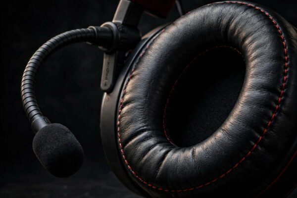 Close-up of G331 headset earcup and boom mic