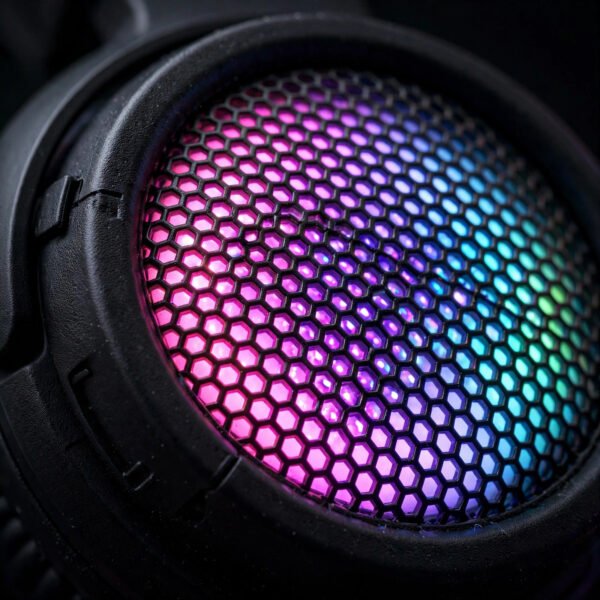 luminous-rgb-gaming-headset-detail Close-up of Luminous headset RGB honeycomb earcup and headband