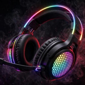 Luminous RGB gaming headset with glowing honeycomb earcups