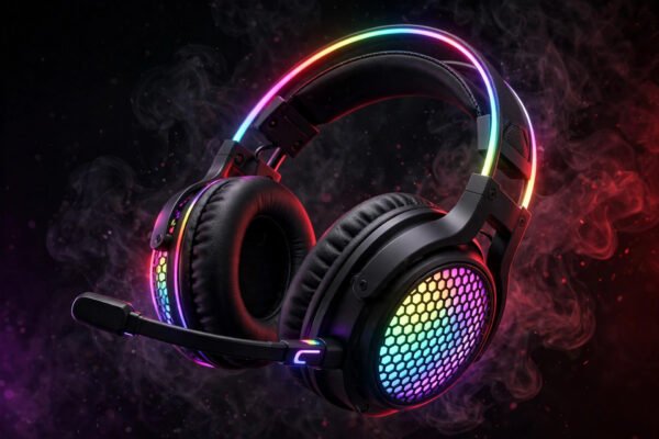 luminous-rgb-gaming-headset-hero Luminous RGB gaming headset with glowing honeycomb earcups