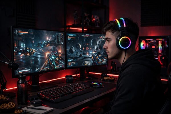 luminous-rgb-gaming-headset-lifestyle Luminous RGB gaming headset on a gaming setup at night