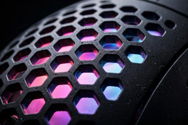 machenike-m8-wireless-detail Close-up of Machenike M8 honeycomb shell and RGB glow