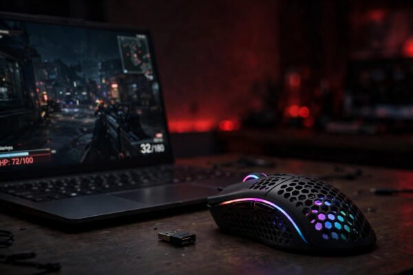 machenike-m8-wireless-lifestyle Machenike M8 wireless mouse with honeycomb shell on desk