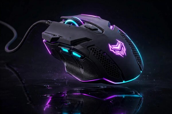 RGB backlit gaming mouse – studio hero shot
