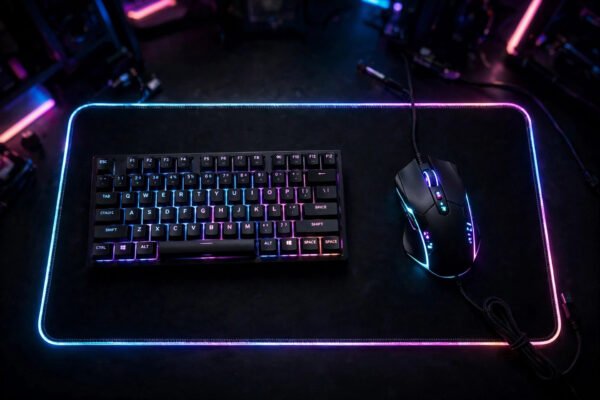RGB backlit gaming mouse on mousepad next to keyboard