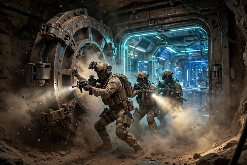 Battlefield 6 Season 5 Area 51-inspired complex — soldiers breaching an underground military facility