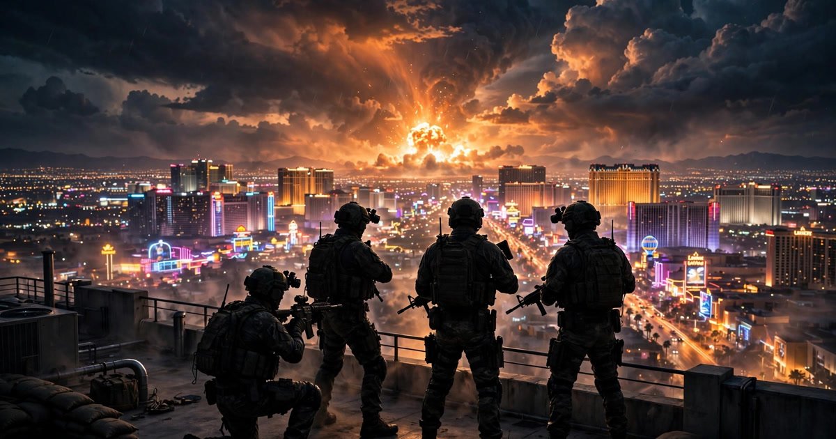 Battlefield 6 Season 5 — soldiers overlooking a destructible Las Vegas strip as an explosion lights up the skyline