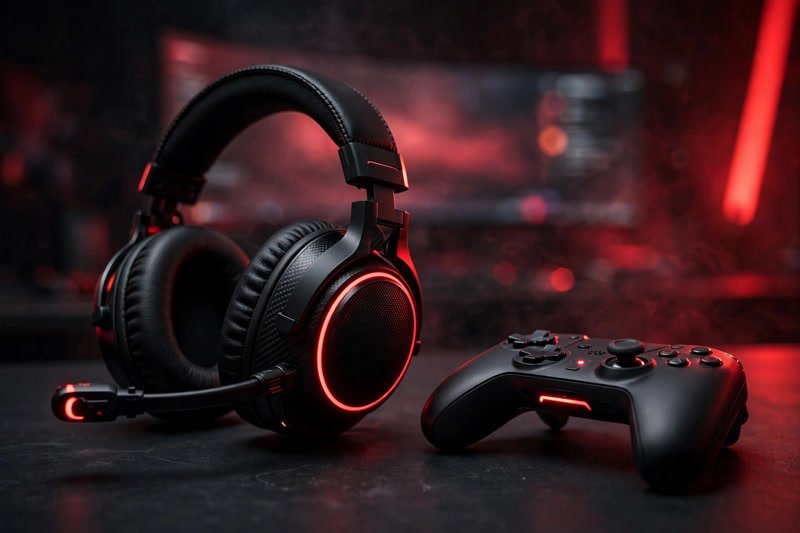 Gaming loadout for Battlefield 6 Season 5 — premium headset and wireless controller with neon ambient lighting