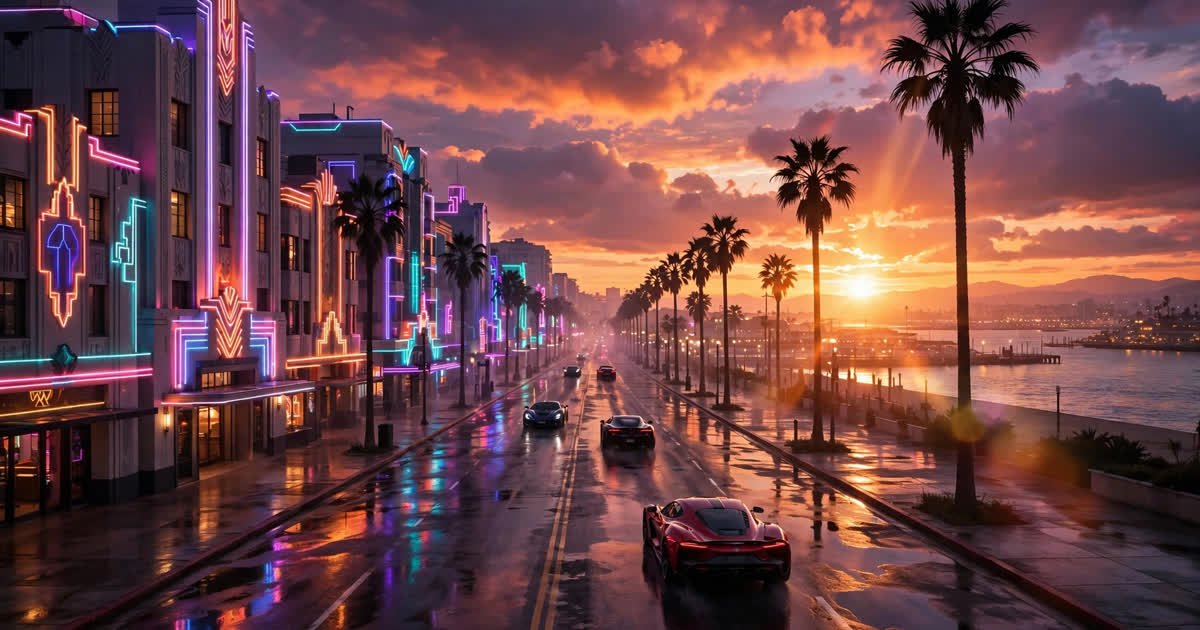 GTA 6 leak — neon-soaked Vice City street at sunset with sports cars, alleged gameplay footage style