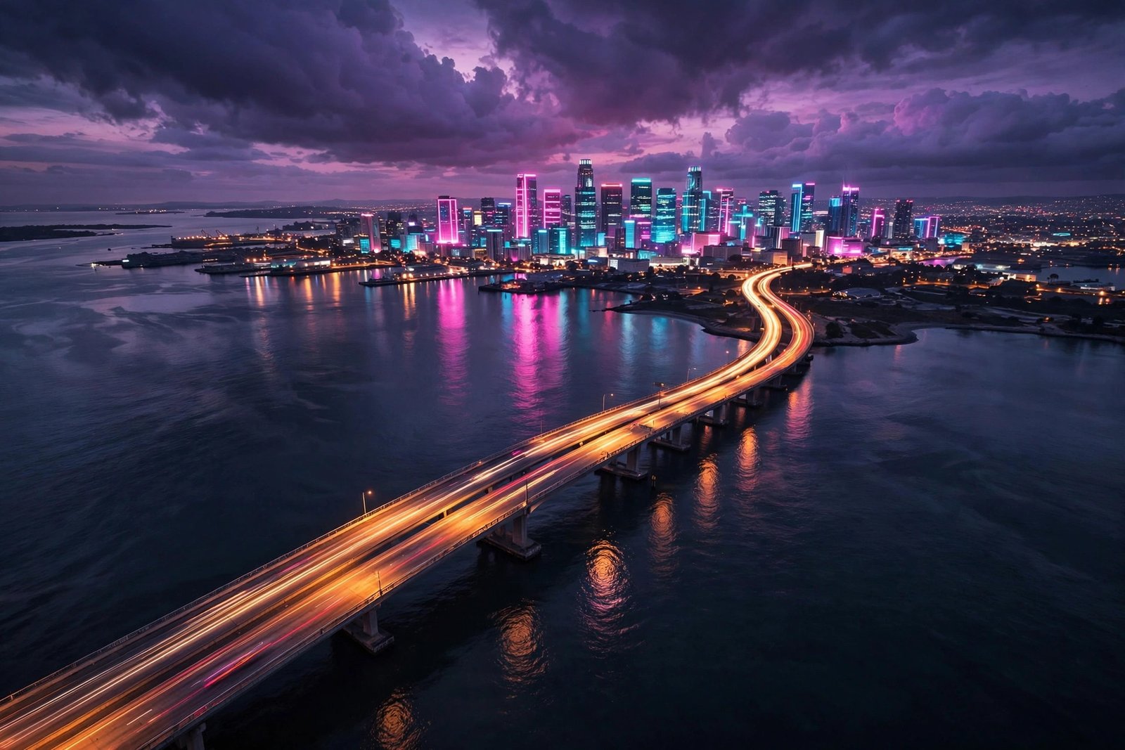 GTA 6 leak Vice City — aerial dusk view of neon downtown skyline over the bay, alleged gameplay footage