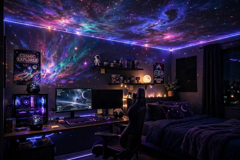 Galaxy Star Light Projector casting nebula clouds on bedroom ceiling