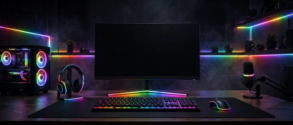 Gaming keyboard at a dark red neon gaming setup with dual monitors and RGB lighting
